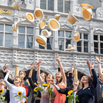 Menschen vor dem Lübecker Rathaus werfen Strohhüte in die Luft und halten Sonnenblumen in der Hand.