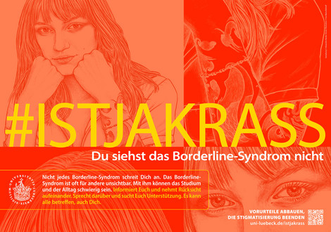 Das Bild zeigt eine tätowierte Frau, die ihr Kinn auf ihren Händen abstützt. Darüber steht ein Schriftzug, der lautet: #istjakrass. Du siehst das Borderline-Syndrom nicht. Nicht jedes Borderline-Syndrom schreit Dich an. Das Borderline-Syndrom ist oft für andere unsichtbar. Mit ihm können das Studium und der Alltag schwierig sein. Informiert Euch und nehmt Rücksicht aufeinander. Sprecht darüber und sucht Euch Unterstützung. Es kann alle betreffen, auch Dich.