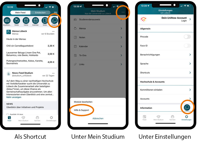 Supportmöglichkeiten in der Uni Lübeck App